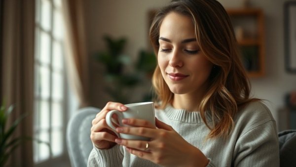 Woman relaxing with coffee at home, conveying calm confidence.