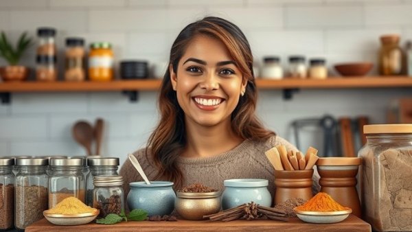 Person showcasing benefits of chai with organized spices in kitchen.