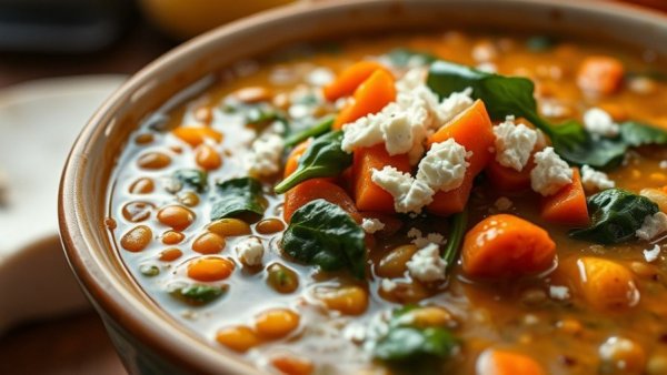 Quick Lemon Lentil Soup with spinach and feta in a bowl, close-up.