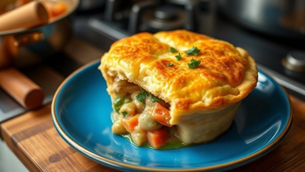 Vegan cheddar biscuit topped mushroom pot pie in a kitchen setting.