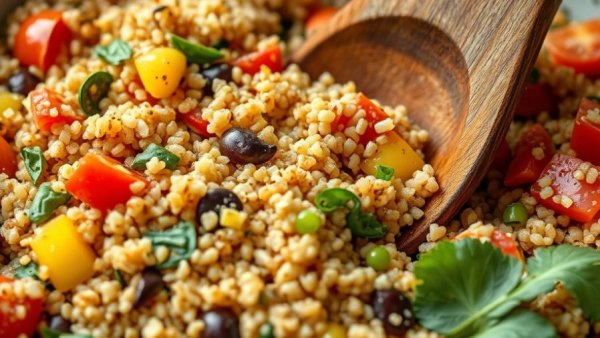 Vibrant Mediterranean quinoa salad being mixed, showcasing a quick and healthy recipe.