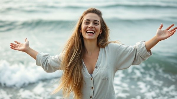 Joyful woman embracing the new year by the sea, sankalpa for the new year.