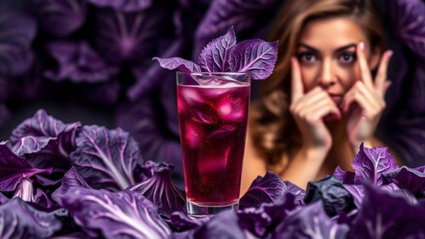 Purple painkiller juice benefits featuring cabbage and a surprised woman.