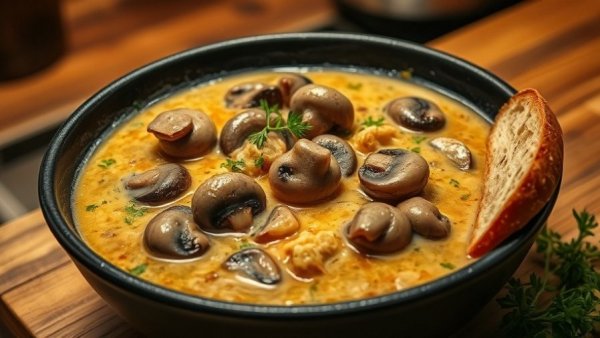 Marry Me Mushroom Stew served with rustic bread by a smiling chef.