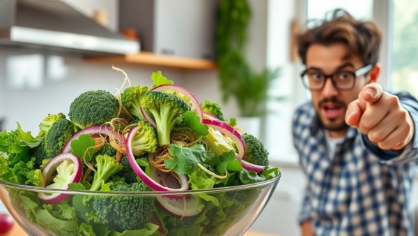 Colorful fresh salad and concerned man, benefits of raw vegetables discussion.