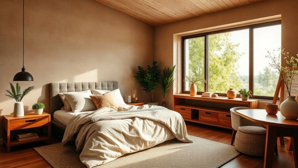 Warm bedroom with earthy tones and natural lighting, showcasing 2026 paint color trends.