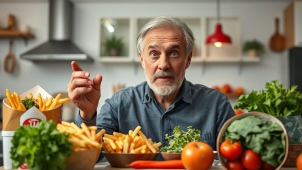Rewire your taste buds: man considering fast food vs vegetables, in a kitchen setting.