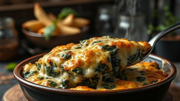 Effortless Dinners for Cozy Winter Weeknights: Cheesy spinach bake being served.