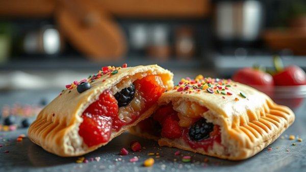 Vegan Pop Tarts with sprinkles and fruit filling in a kitchen setting.