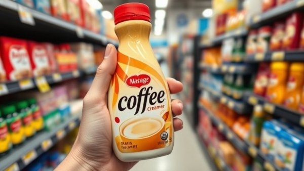 Holding a coffee creamer bottle in a store, highlighting healthier coffee creamer options.