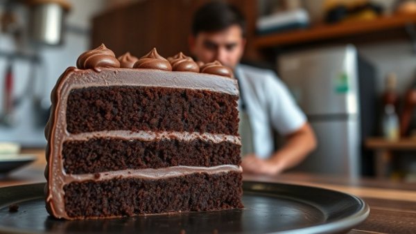3-layer vegan chocolate cake slice in a cozy kitchen setting.