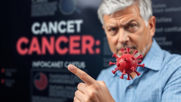 Nutrition vs Chemo: Man points to cancer cell model.