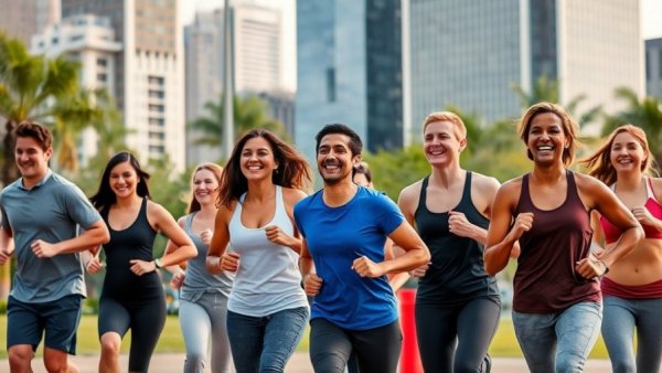 Family engaged in fitness activities outdoors, urban park.