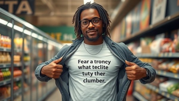 Man in a grocery store advocating awareness with shirt message.