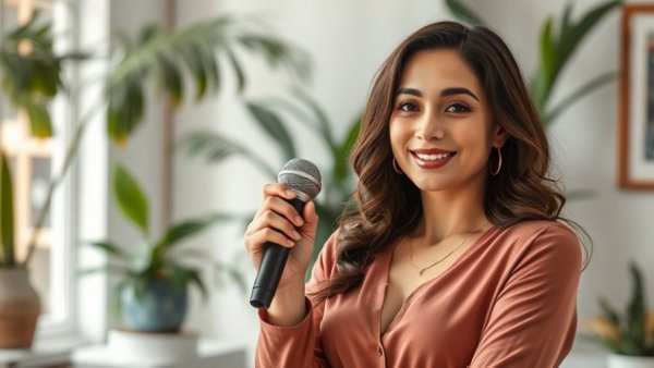 Woman discussing beauty standards, serene indoor setting