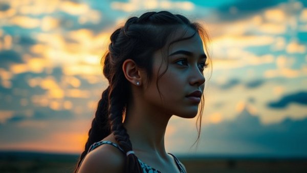 Young woman gazing at sunset, invoking the smell of aging, cinematic.