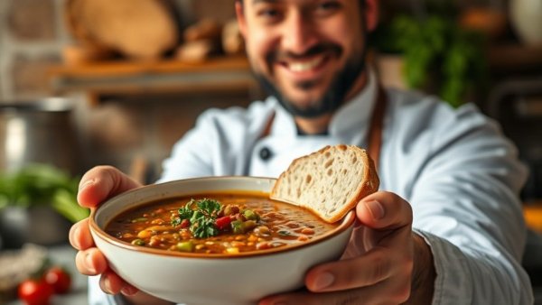 Chef shows lentil soup with 25g protein, garnished in kitchen.