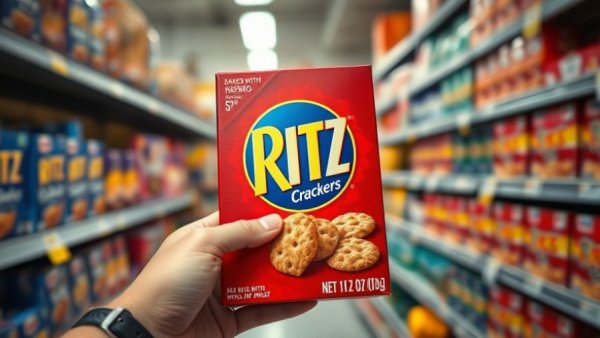 Hand holding Ritz whole wheat cracker box in grocery aisle.