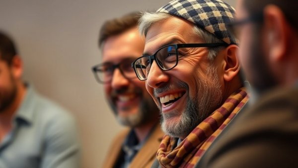 Man with glasses discussing family laundry logistics.