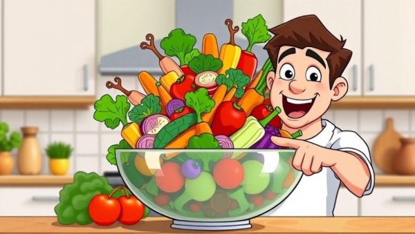 Cartoon man highlights overeating on a plant-based diet with vegetables.