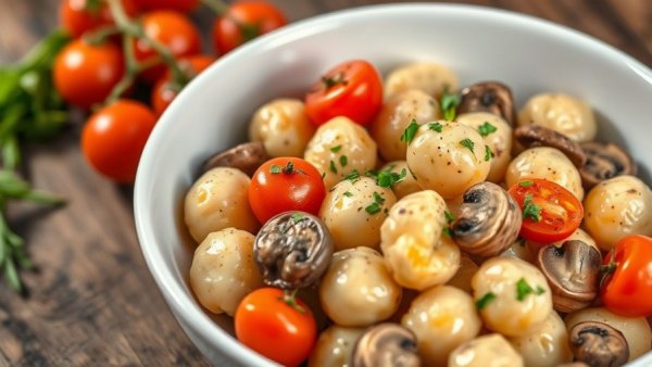 One-pot mushroom gnocchi with tomatoes and herbs in a white bowl.