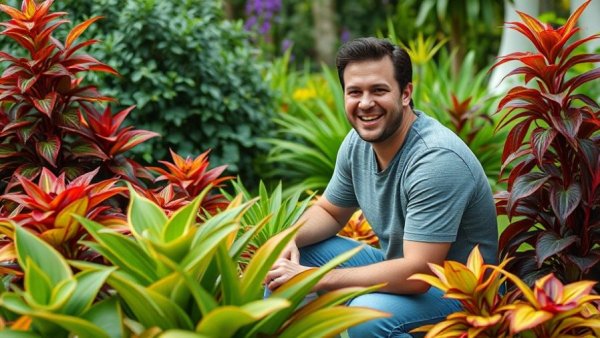 Man smiling in a garden with vibrant foliage, Leaf of Life Propagation.