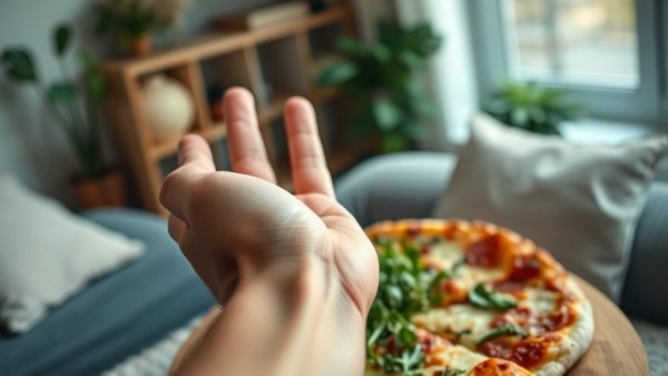 Close-up of hand grasping pizza, highlighting diet transformation.