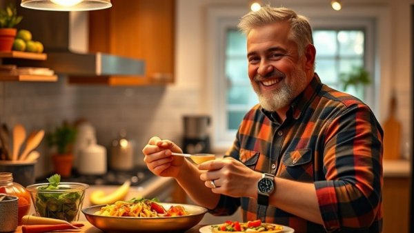 Man in kitchen with plate of food, smiling, Grandma's Perlo Rice recipe.