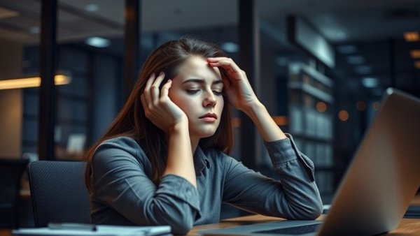 Stressed woman at office desk showing burnout symptoms and treatment signs.