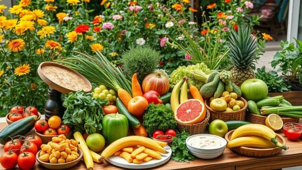 Vibrant spread of foods that boost energy on a sunny table.