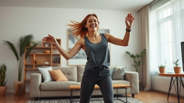 Young woman exercising in a living room for sustainable weight loss.