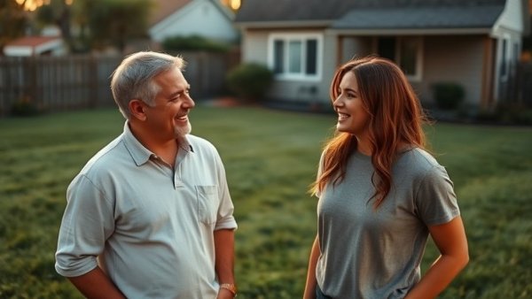 Casual conversation in backyard with people smiling near a house; miraculous comfrey plant.