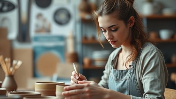 Focused woman painting pottery during skillcations in art studio.