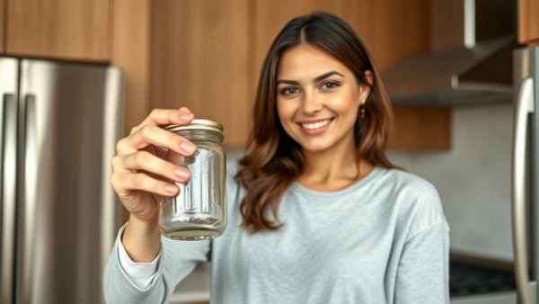 Woman with jar discussing super food for body reset in kitchen.