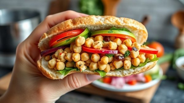 Delicious Chickpea Salad Sandwich held in hand, kitchen background.