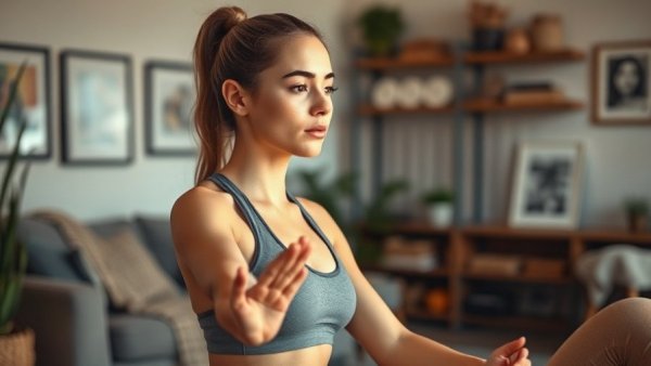 Young woman in workout gear during lymphatic detox bootcamp at home.