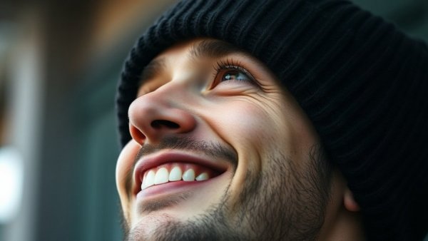 Close-up of a smiling man wearing a beanie, looking upwards.