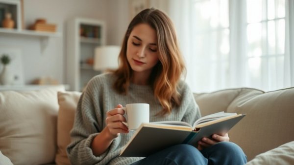 Young woman engaged in Enneagram Reset Rituals, cozy living space.