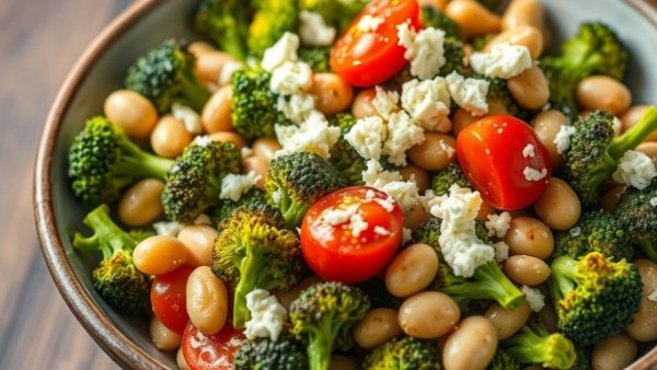 Roasted broccoli salad with butter beans and tomatoes close-up.