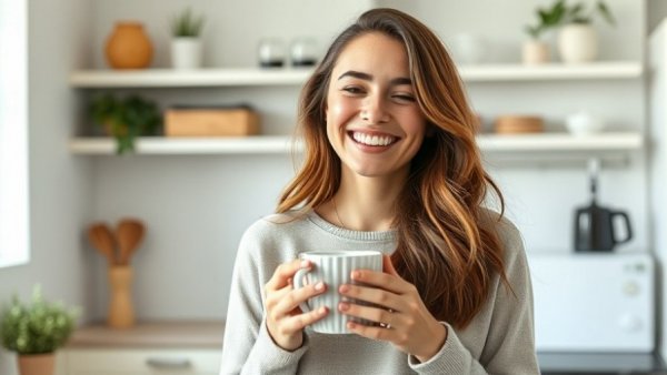 Relaxed woman in bright kitchen holding a mug, promoting calm to reduce chronic inflammation.
