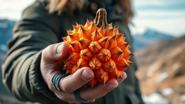 Unique spiky orange fruit held outdoors with mountain backdrop.