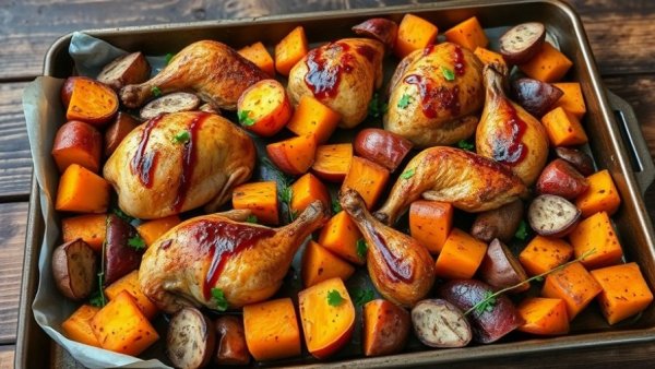 Delicious Sheet Pan Chicken with Japanese Sweet Potatoes beautifully presented.