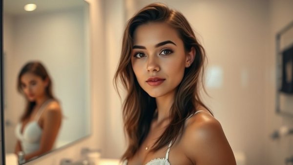 Confident woman in bathroom during lymphatic detox bootcamp.