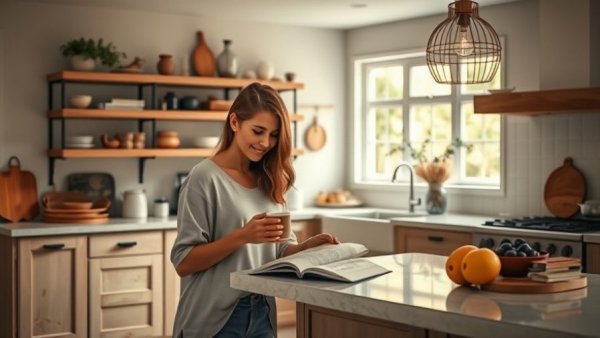 Stylish kitchen with a woman enjoying a calm moment, capturing kitchen reset.