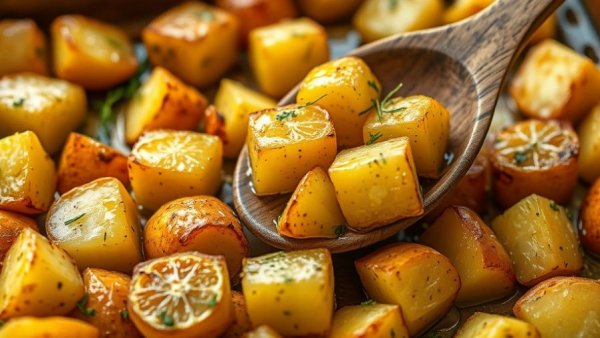 Golden lemon roasted potatoes garnished with herbs on a rustic tray.