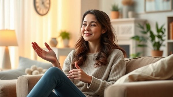 Young woman discussing lymphatic detox bootcamp in a cozy room