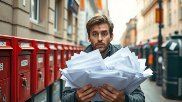 Confused man with letters in urban street, misleading marketing.