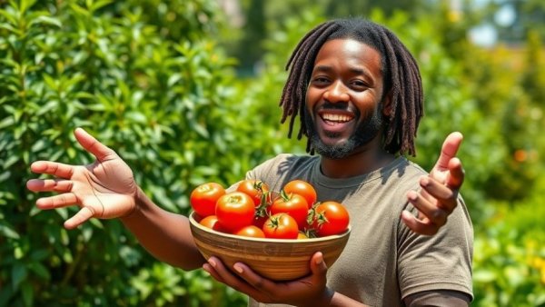 Man enjoying a garden with fresh tomatoes, showcasing nature's abundance.