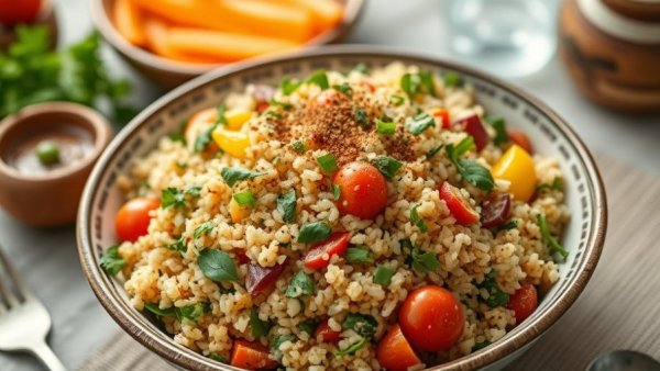 Colorful Mediterranean Bulgur Salad with fresh herbs and vegetables.