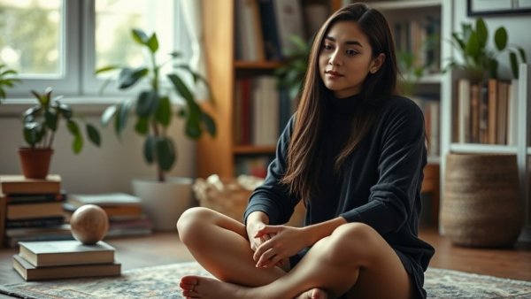 Young woman sharing insights in a cozy setting, simple workouts for all.